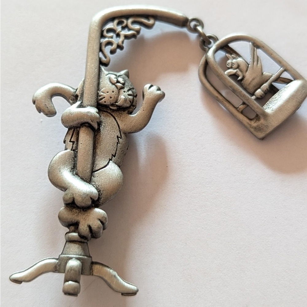 Vintage JJ Pewter Cat & Birdcage Brooch – Whimsical Pin Jewelry - NEW